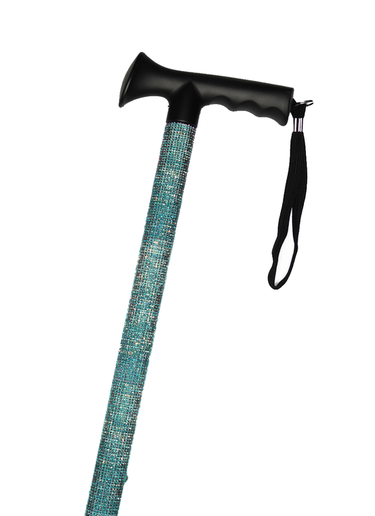 Walking stick with a black handle and black strap decorated with blue glass rhinestones with a shimmer effect.