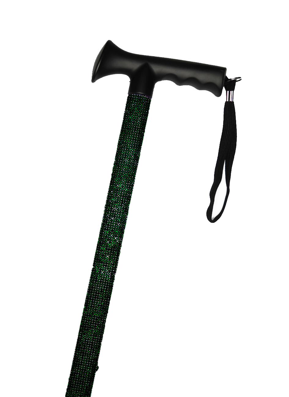 Walking stick with a black handle and black strap decorated with dark green coloured glass rhinestones