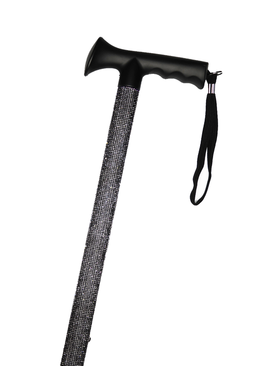 Walking stick with a black handle and black strap decorated with graphite (dark grey) coloured glass rhinestones