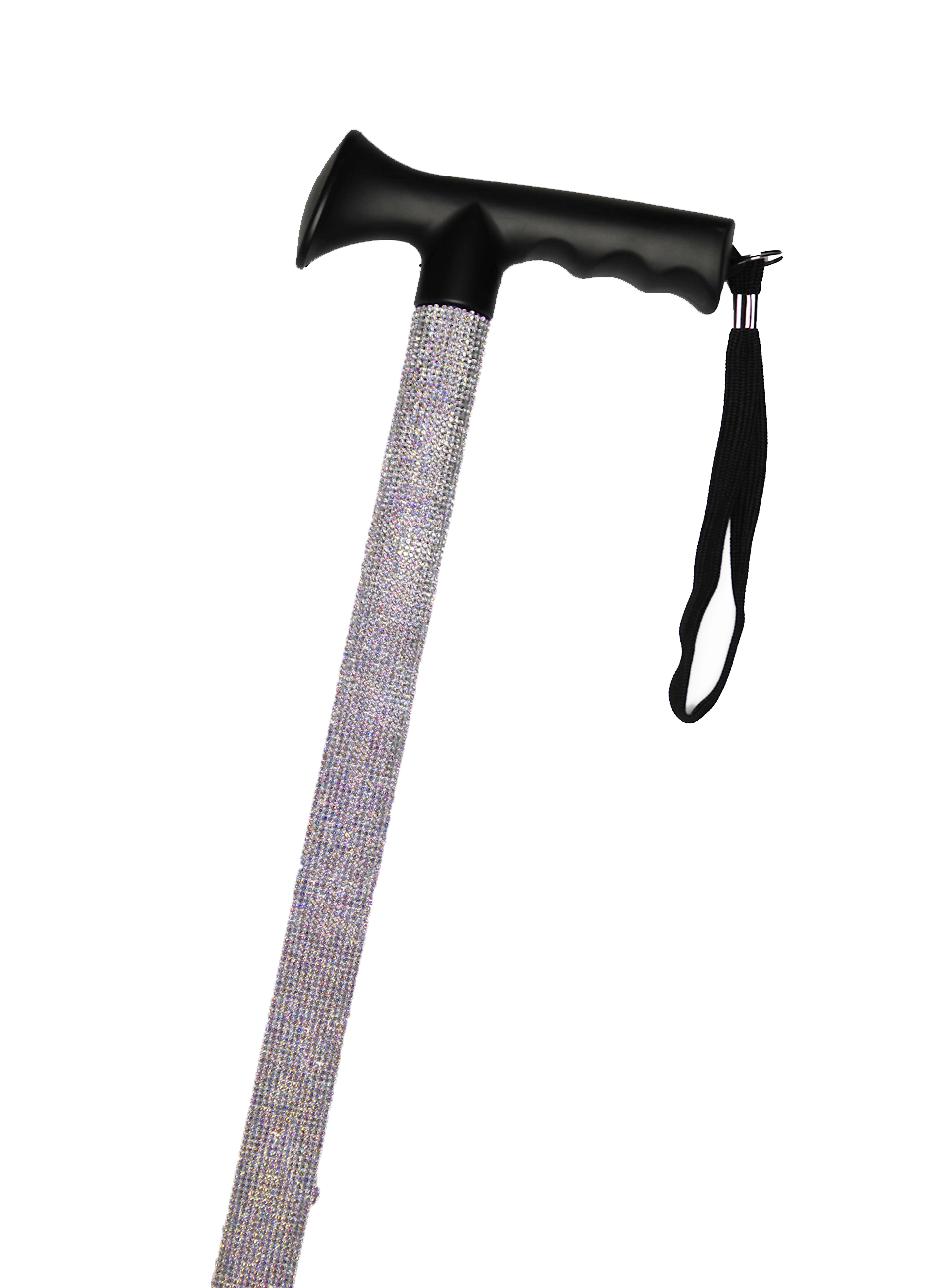 Walking stick with a black handle and black strap decorated with clear coloured glass rhinestones with a shimmer effect