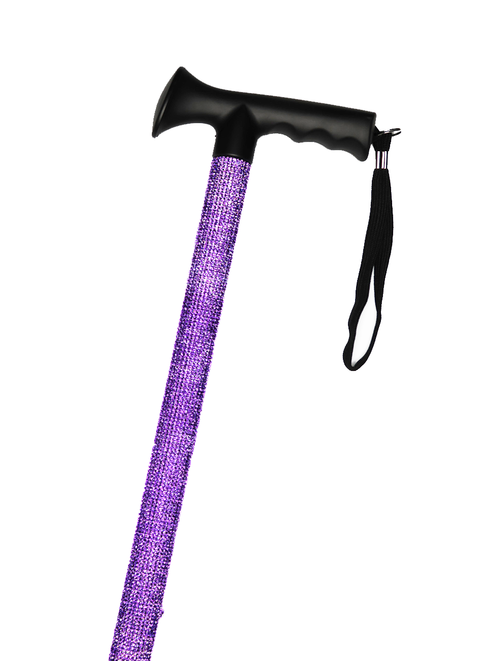 Walking stick with a black handle and black strap decorated with purple coloured glass rhinestones