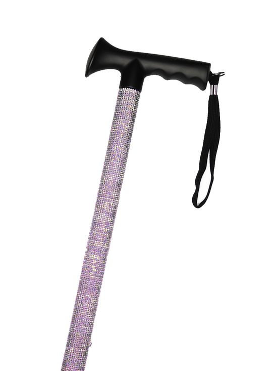 Walking stick with a black handle and black strap decorated with lilac coloured glass rhinestones with a shimmer effect