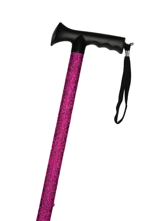 Walking stick with a black handle and black strap decorated with dark pink coloured glass rhinestones