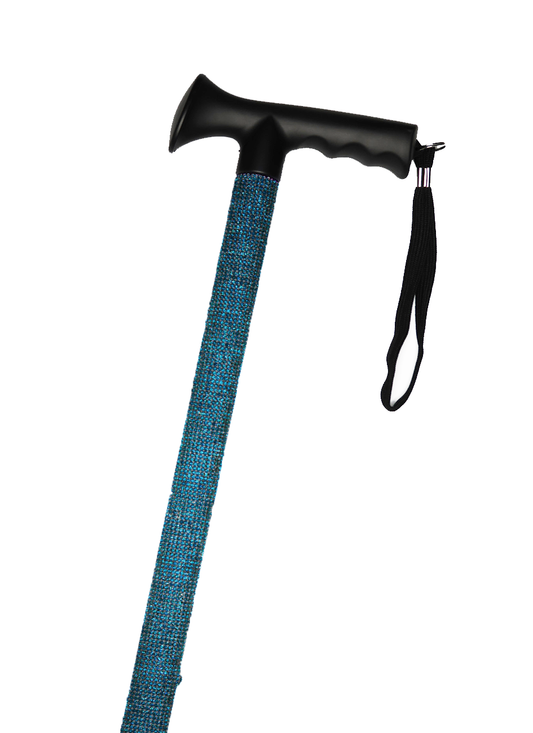 Walking stick with a black handle and black strap decorated with teal blue coloured glass rhinestones