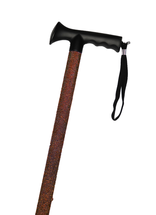 Walking stick with a black handle and black strap decorated with dark red coloured glass rhinestones